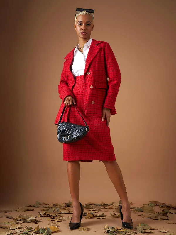 Women Red Check Jacquard Tweed Notch Collar Blazer