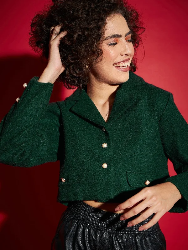 Women Green Tweed Notch Collar Crop Blazer