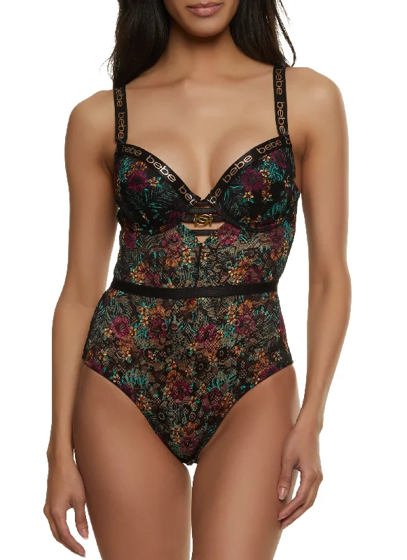 Bebe Floral Lace Caged Teddy