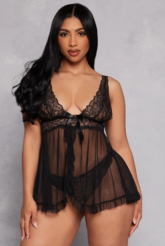 Bow Detail Lace Babydoll and G String