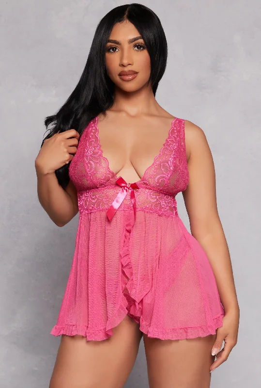 Bow Detail Lace Babydoll and G String