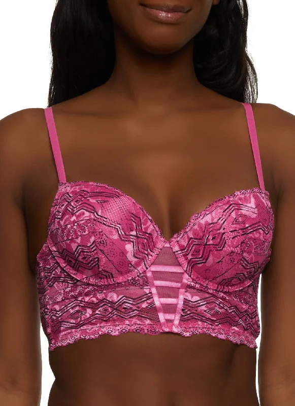 Geo Print Caged Front Lace Longline Plunge Bra