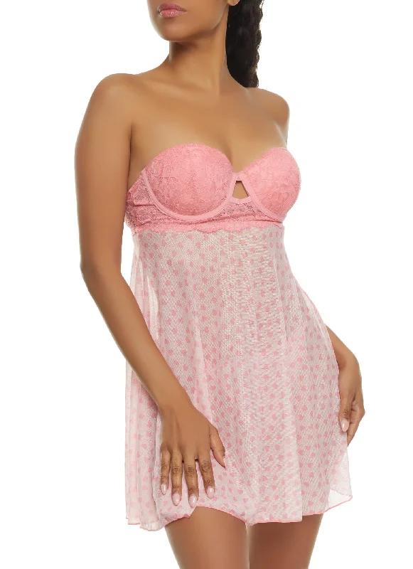 Heart Print Mesh Babydoll and G String