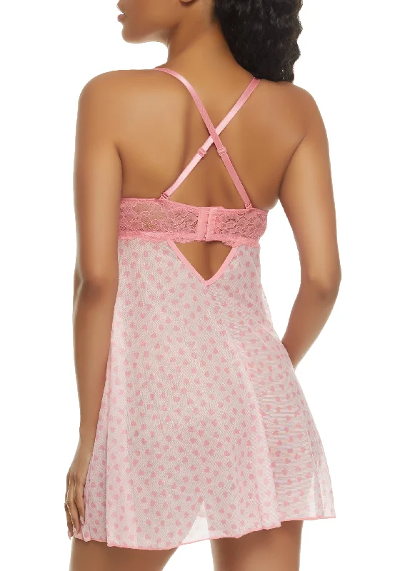 Heart Print Mesh Babydoll and G String